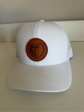 White Trucker Hat with Brown Leather Bear Patch pacific headwear